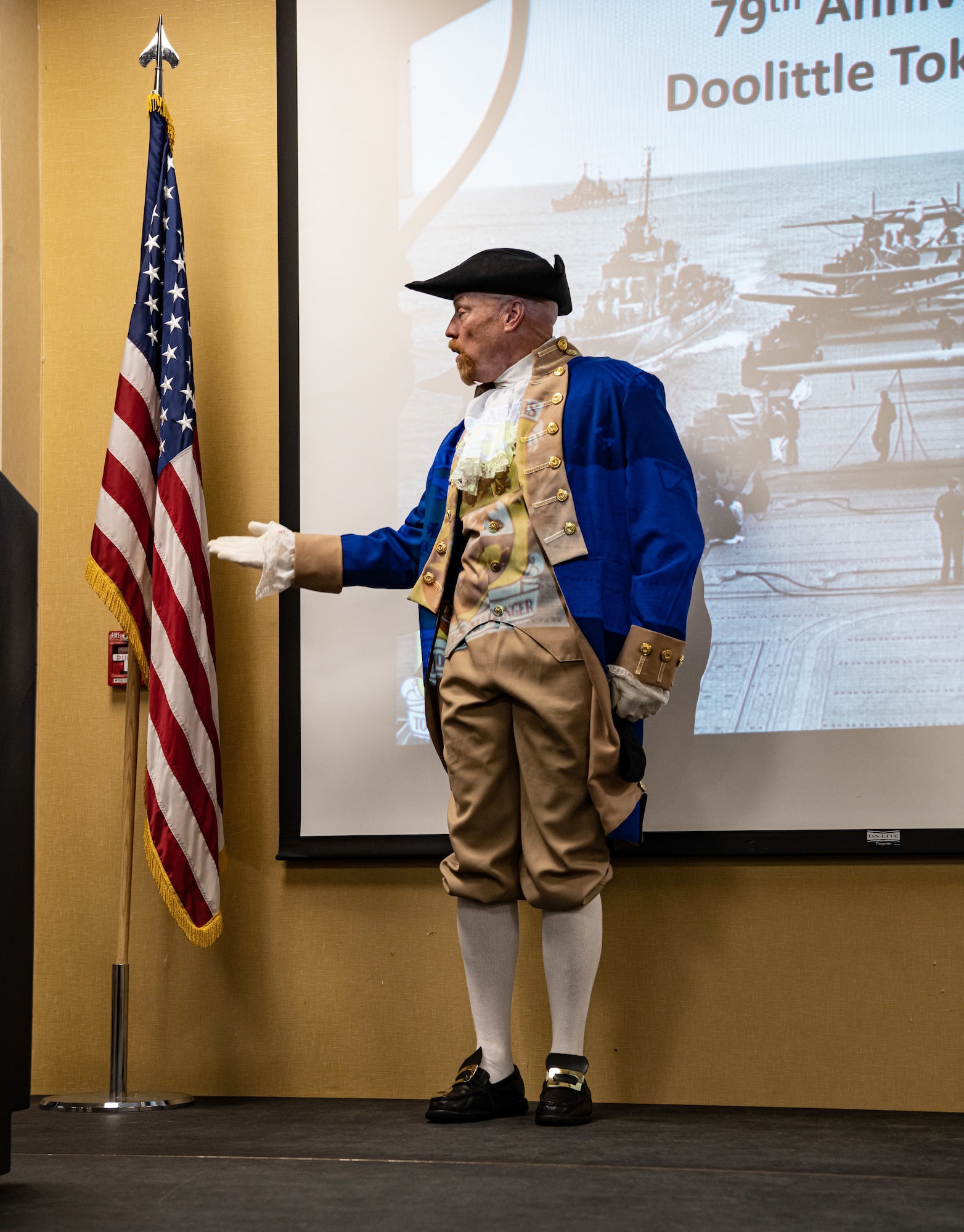 Jeffery VanCuren, the National Sojourners Black Hills Chapter secretary, recites a speech of endearment toward the U.S. flag during a 79th Doolittle Raid anniversary event at Ellsworth Air Force Base, S.D., April 16, 2021.  The Doolittle Raid was conducted 133 days after the bombing of Pearl Harbor in December 1941. (U.S. Air Force photo by Airman Jonah Fronk)