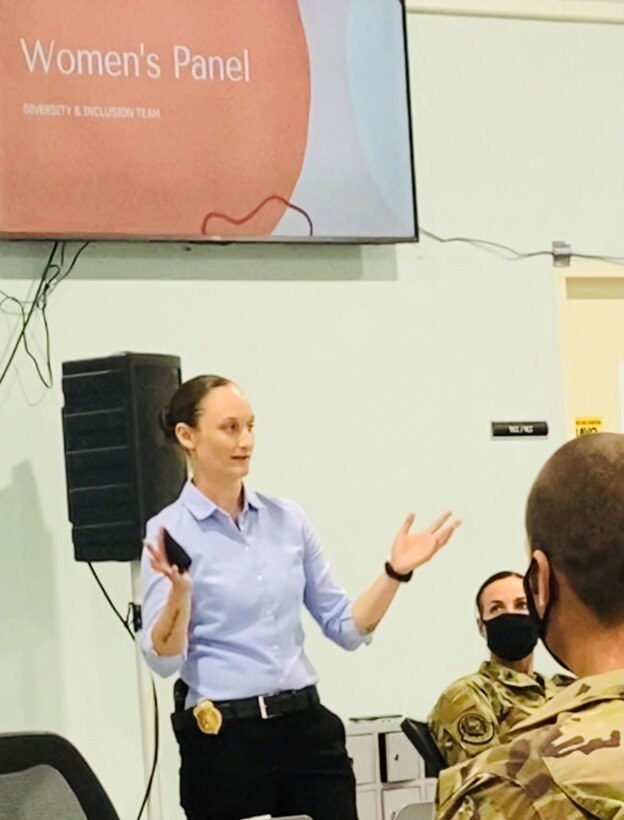 Office of Special Investigations Special Agent Brandi Cook, of Detachment 242, Ali Al Salem Air Base, Kuwait, addresses attendees at the Al Jabar Air Base, Kuwait, Diversity and Inclusion Council Women's Panel discussion March 31. SA Cook is responsible for planning and coordinating criminal investigations and counterintelligence operations, conducting liaisons with counterpart law enforcement agencies and prepares investigative and intelligence reports supporting Air Force operations throughout Kuwait. (Photo by SA Sean Peterson)