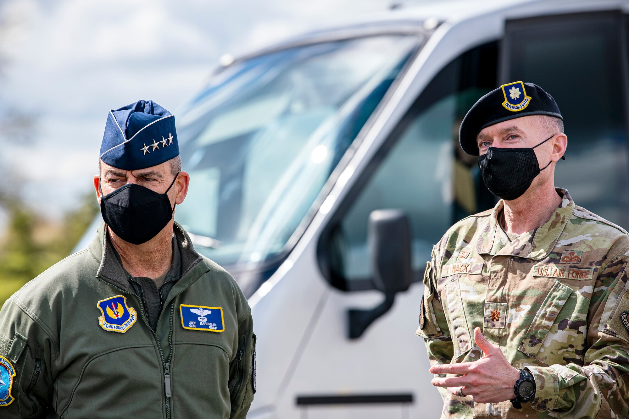 U.S. Air Force Maj. Brian Mack, right, 423rd Security Forces Squadron commander, speaks with Gen. Jeff Harrigian, left, U.S. Air Forces in Europe and Air Forces Africa commander, at RAF Alconbury, England, April 15, 2021. During his visit to the 501st Combat Support Wing, defenders from the 423rd SFS gave Harrigian a tour of RAF Alconbury’s new front gate that included an explanation of its security features.(U.S. Air Force photo by Senior Airman Eugene Oliver)