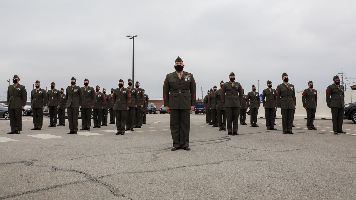 U.S. Marine Corps Forces - Korea Marines stand at attention during a dedication ceremony in honor of U.S. Marine Corps Brig. Gen. Robert E. Galer, a combat aviator and holder of the Nation’s highest decoration, the Medal of Honor, on Camp Humphreys, Pyeongtaek-Si, Republic of Korea, April 16, 2021.