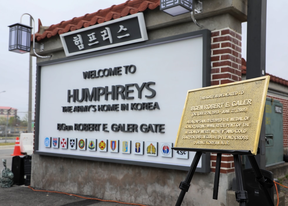 U.S. Army Garrison (USAG) Camp Humphreys dedicated its CPX gate in honor of U.S. Marine Corps Brig. Gen. Robert E. Galer, a combat aviator and holder of the Nation’s highest decoration, the Medal of Honor, on the base in Pyeongtaek-Si, Republic of Korea, April 16, 2021.