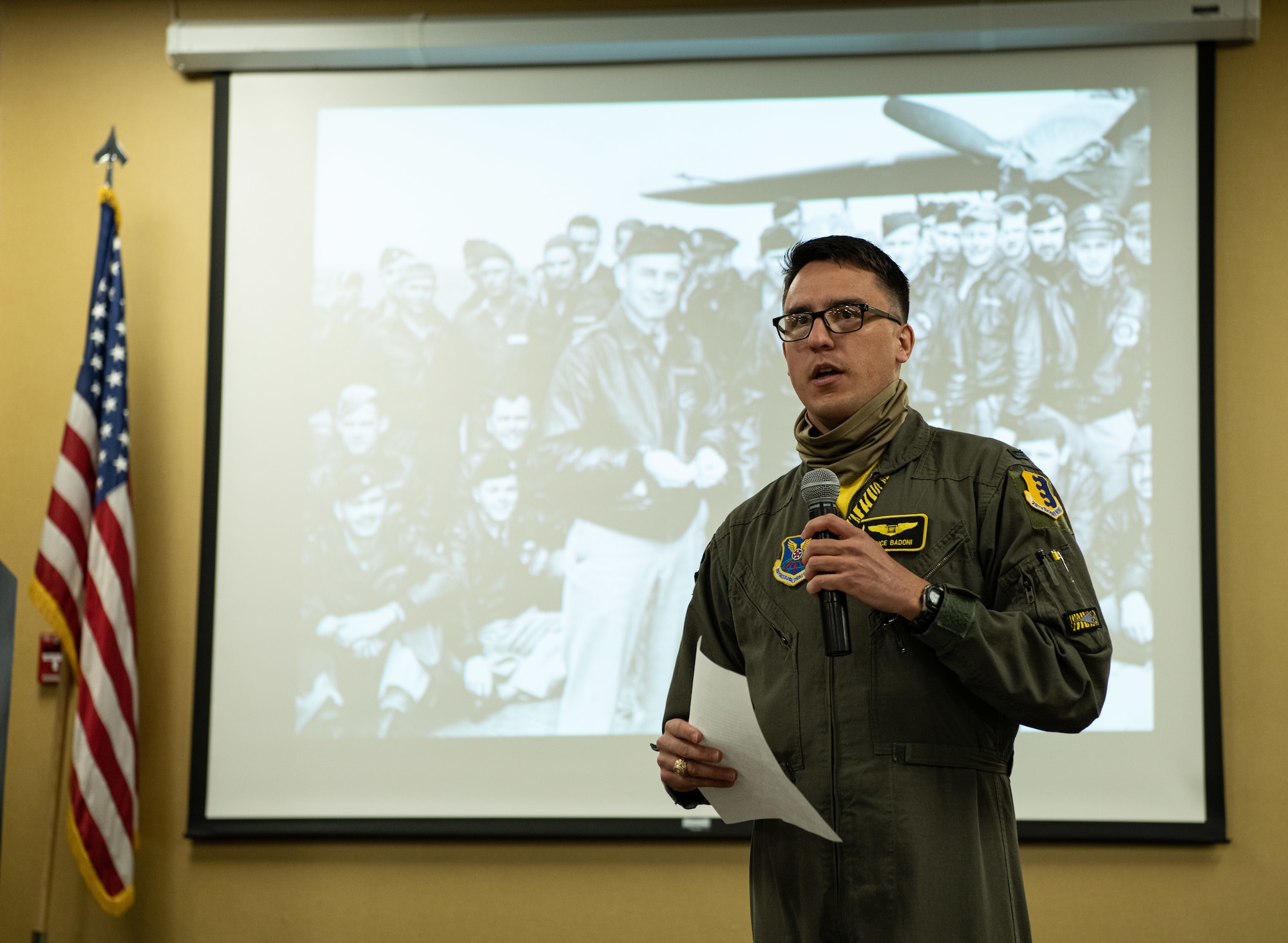First Lt. Lance Badoni, a 37th Bomb Squadron weapon systems officer, speaks to the history of the Doolittle Raid during a remembrance ceremony on Ellsworth Air Force Base, S.D., April 16, 2021. The operation originally took place on April 18, 1942 after Japanese forces launched a surprise bombing on Pearl Harbor.  (U.S. Air Force photo by Airman Jonah Fronk)