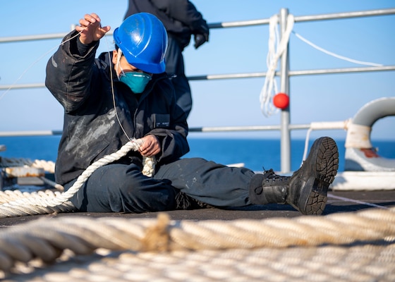 210417-N-NQ285-1036
PLYMOUTH, England (April 17, 2021) Seaman Litzy Velasquez, assigned to the Harpers Ferry-class dock landing ship USS Carter Hall (LSD 50), handles line during a sea and anchor evolution, April 17, 2021. Carter Hall is operating in the Atlantic Ocean with Amphibious Squadron 4 and the 24th Marine Expeditionary Unit (24th MEU) as part of the Iwo Jima Amphibious Ready Group. (U.S. Navy photo by Mass Communication Specialist Seaman Sawyer Connally)