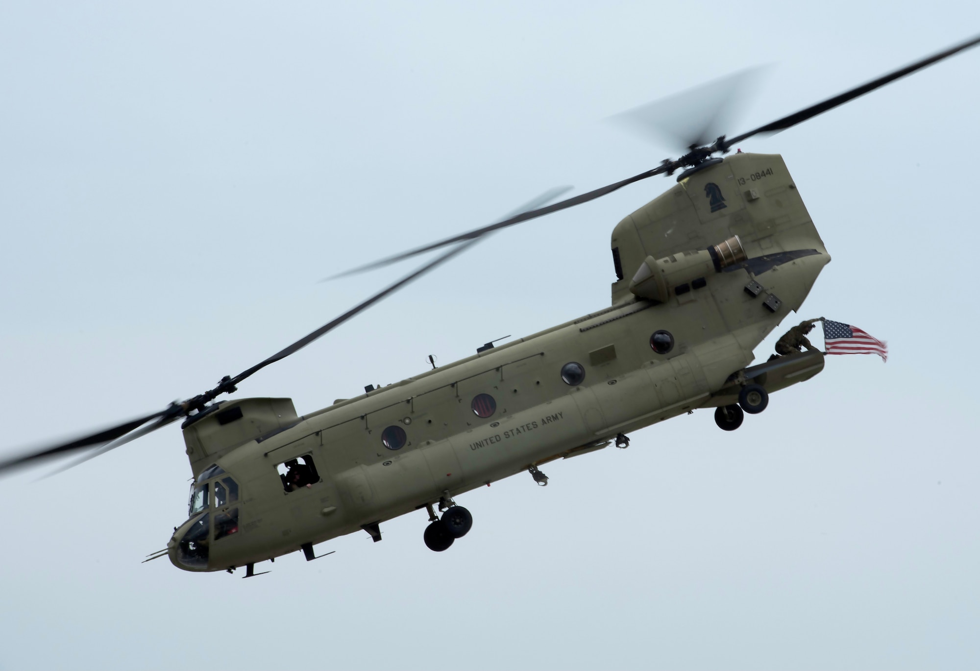 A U.S. Army Chinook helicopter flies over Bowman Field during an aerial demonstration for the Thunder Over Louisville air show in Louisville, Ky., April 17, 2021. This year's event featured aircraft from multiple military and civilian agencies. (U.S. Air National Guard photo by Staff Sgt. Clayton Wear)