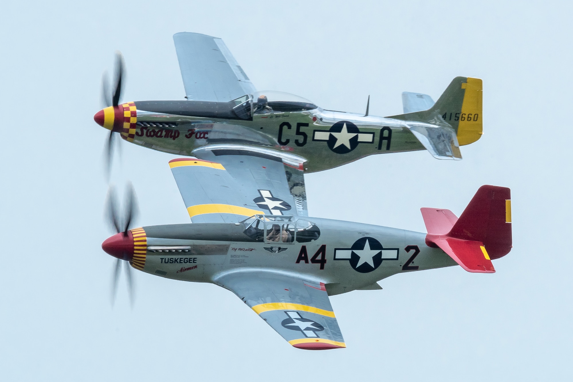 A two-ship P-51 Mustang formation performs an aerial demonstration over Bowman Field in Louisville, Ky., April 17, 2021, as part of the Thunder Over Louisville air show. The top aircraft, nicknamed Swamp Fox, is now privately owned but once belonged to the active inventory of the Kentucky Air National Guard following World War II. (U.S. Air National Guard photo by Dale Greer)