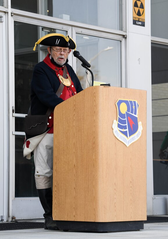 Steve Gaines, president of the Tennessee Society of the Sons of the American Revolution, speaks about the history of the constitution during a flag retreat ceremony held to mark the end of Extremism Stand Down exercises, April 6, 2021, at Arnold Air Force Base, Tenn. (U.S. Air Force photo by Jill Pickett)