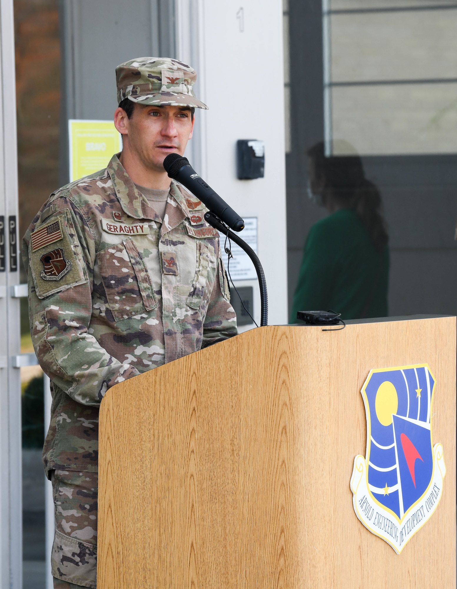 Col. Jeffrey Geraghty, commander of the Arnold Engineering Development Complex, speaks during a flag retreat ceremony held to mark the end of Extremism Stand Down exercises, April 6, 2021, at Arnold Air Force Base, Tenn. Secretary of Defense Lloyd J. Austin III had directed commanding officers and supervisors to conduct a one-day stand down to address extremism within the ranks within a 60-day period. (U.S. Air Force photo by Jill Pickett)