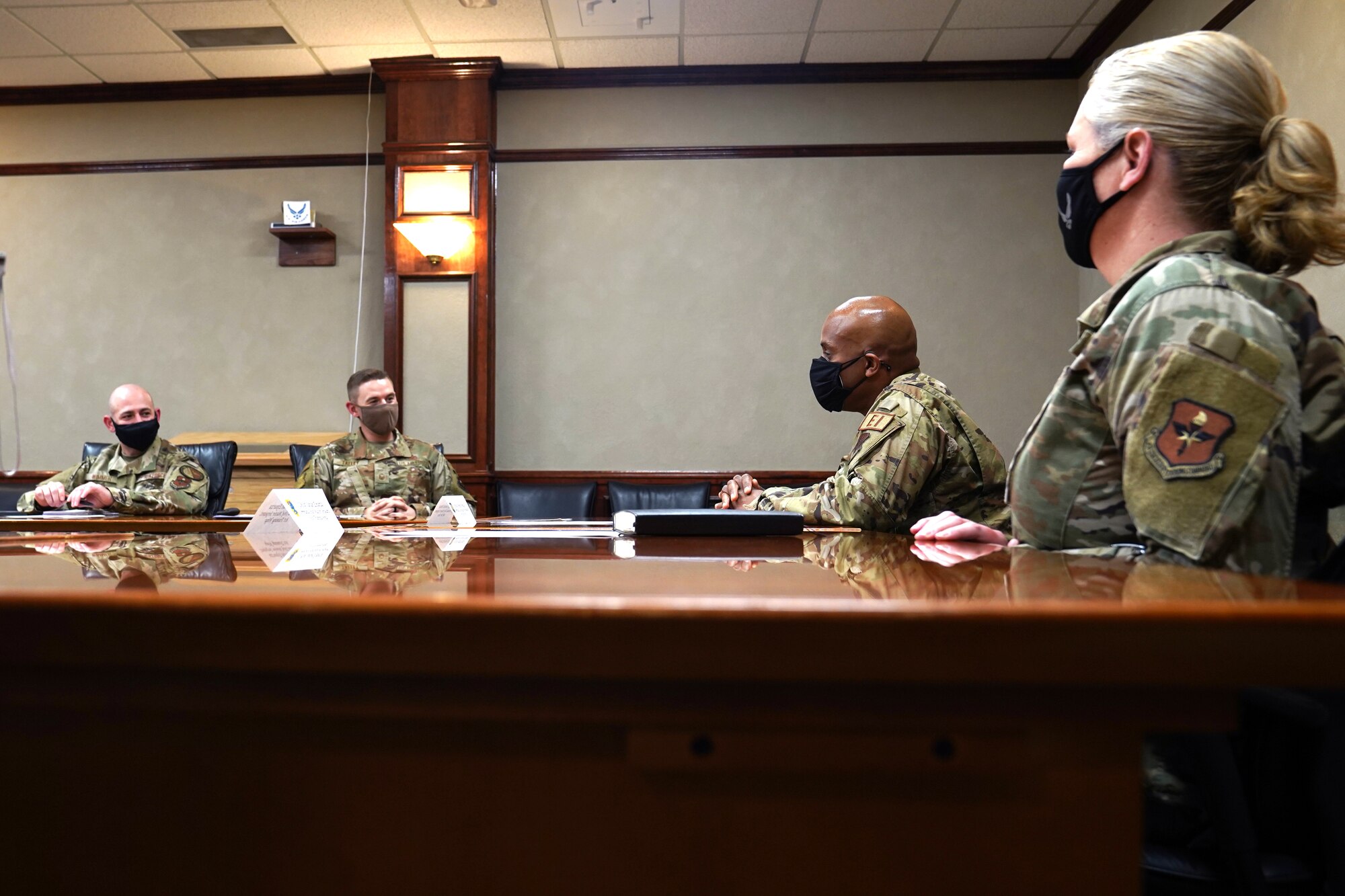 U.S. Air Force Chief Master Sgt. Kenneth Bruce Jr., 16th Air Force command chief, hosts a meeting with Keesler Personnel inside Stennis Hall at Keesler Air Force Base, Mississippi, March 25, 2021. During the meeting, Bruce spoke about mentorship and his experience in the Air Force. (U.S. Air Force photo by Senior Airman Seth Haddix)