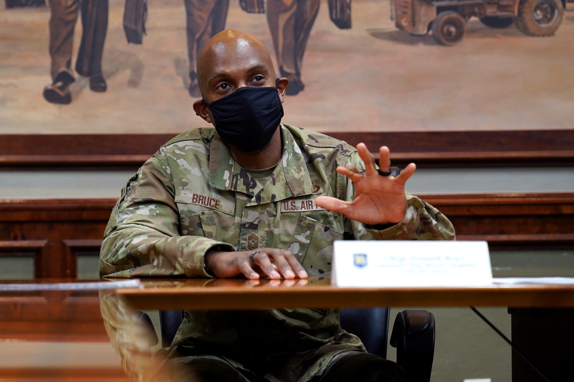 U.S. Air Force Chief Master Sgt. Kenneth Bruce Jr., 16th Air Force command chief, hosts a meeting with Keesler Personnel inside Stennis Hall at Keesler Air Force Base, Mississippi, March 25, 2021. During the meeting, Bruce spoke about mentorship and his experience in the Air Force. (U.S. Air Force photo by Senior Airman Seth Haddix)
