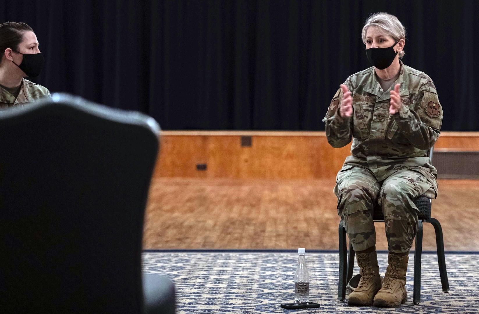 U. S. Air Force Brig. Gen Caroline M. Miller, 502nd Air Base Wing and Joint Base San Antonio commander, speaks to a group of Airmen and JBSA members during a tough conversation roundtable at Joint Base San Antonio-Randolph April 14. Miller expressed to them how these beliefs are damaging and why diversity is important in the military.