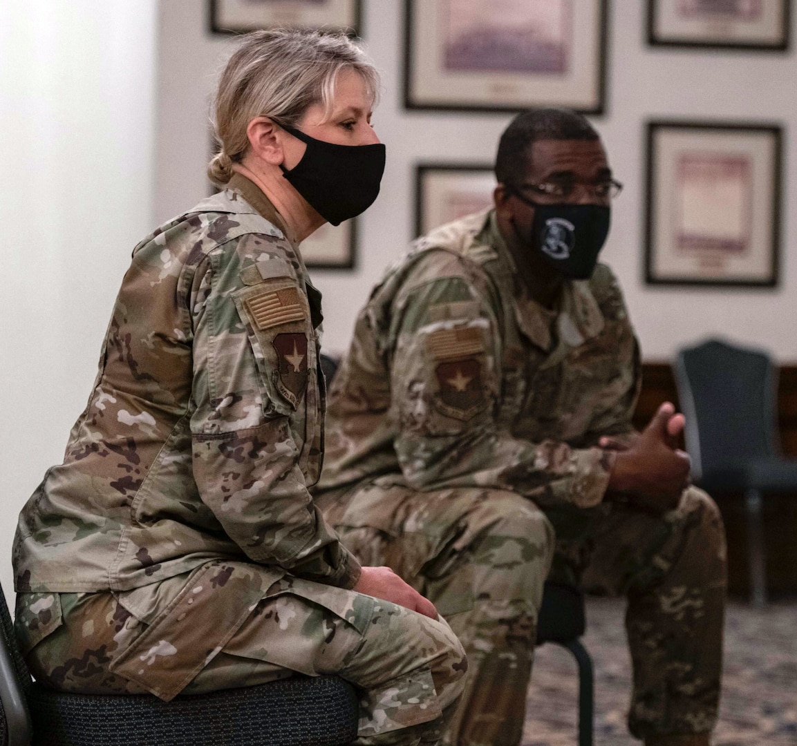 U. S. Air Force Brig. Gen Caroline M. Miller (left), 502nd Air Base Wing and Joint Base San Antonio commander, and Command Chief Master Sgt. Wendell Snider