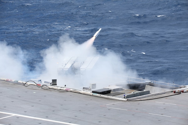 An evolved sea sparrow missile (ESSM) launches from one of the weapons sponsons aboard the aircraft carrier USS Gerald R. Ford (CVN 78) during combat systems ship qualification trials (CSSQT).