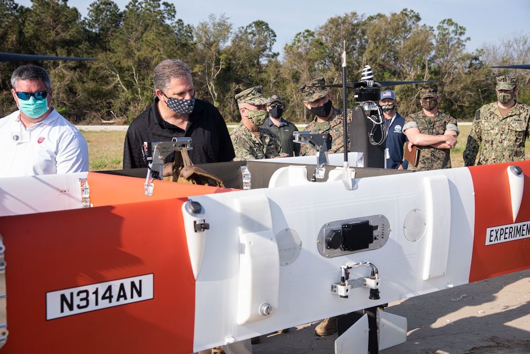 The Honorable James F. Geurts, acting Under Secretary of the Navy, visited Camp Lejeune, N.C., on April 9 to observe emerging technologies being demonstrated at the Naval Integration in Contested Environments Advanced Naval Technology Exercise 2021. Lt. Gen. Eric Smith, U.S. Marine Corps deputy commandant for Combat Development and Integration, and Vice Adm. James Kilby, deputy chief of naval operations for Warfighting Requirements and Capabilities  accompanied Geurts during the visit. NICE ANTX 2021, which runs through April 15, brings together private industry, academia and government labs to showcase technologies that incorporate new concepts in naval warfare, such as Distributed Maritime Operations and Expeditionary Advanced Base Operations. The exercise also provides an avenue for the military to assess capabilities and technology owners to receive feedback on their product’s efficacy.