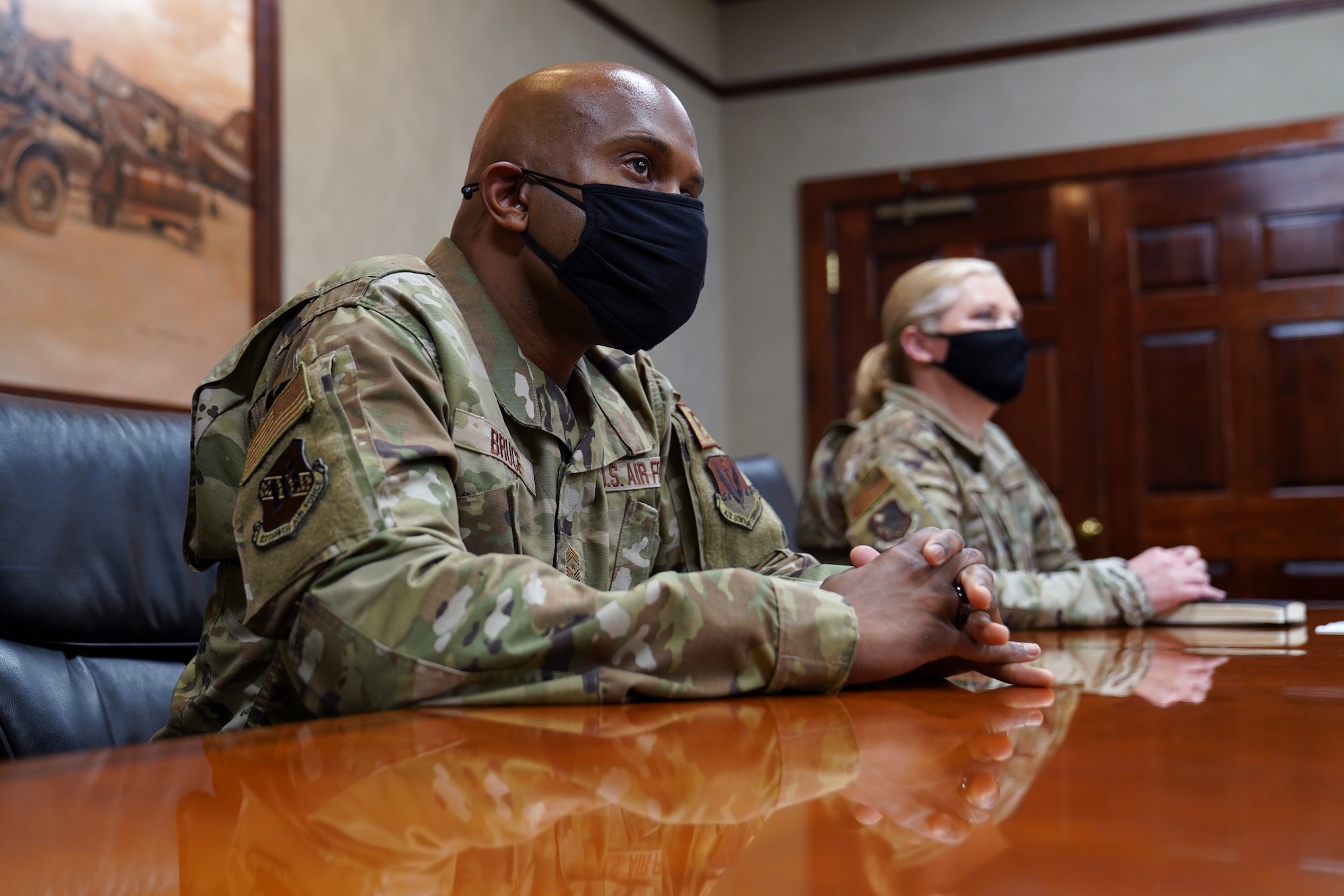 U.S. Air Force Chief Master Sgt. Kenneth Bruce Jr., 16th Air Force command chief, hosts a meeting with Keesler Personnel inside Stennis Hall at Keesler Air Force Base, Mississippi, March 25, 2021. During the meeting, Bruce spoke about mentorship and his experience in the Air Force. (U.S. Air Force photo by Senior Airman Seth Haddix)