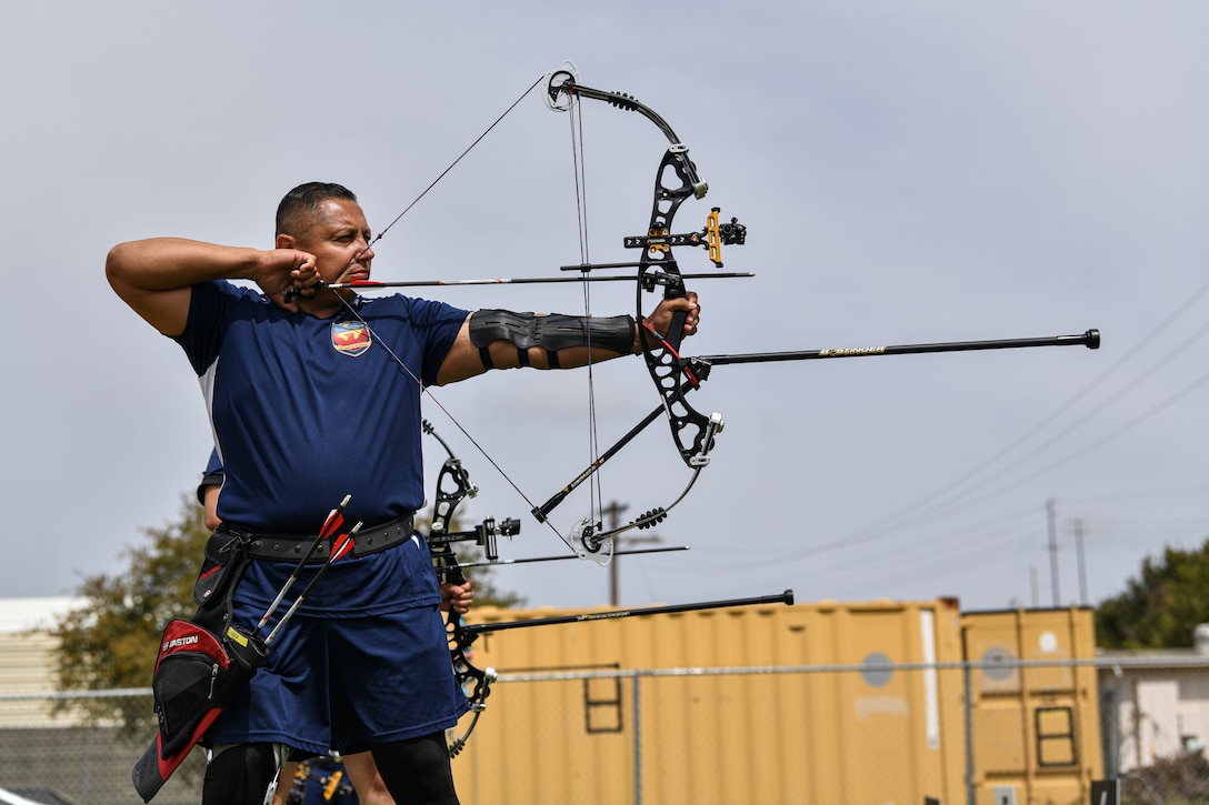 U.S. Marine Corps Staff Sgt. Raymond Cardoza competes in the archery finals during the 2021 Regional Marine Corps Trials at Marine Corps Base Camp Pendleton, Calif., April 16. Historically, the annual Marine Corps Trials promotes recovery and rehabilitation through adaptive sports. In an effort to mitigate the effects of COVID-19, smaller regionalized trials are being held across the United States.