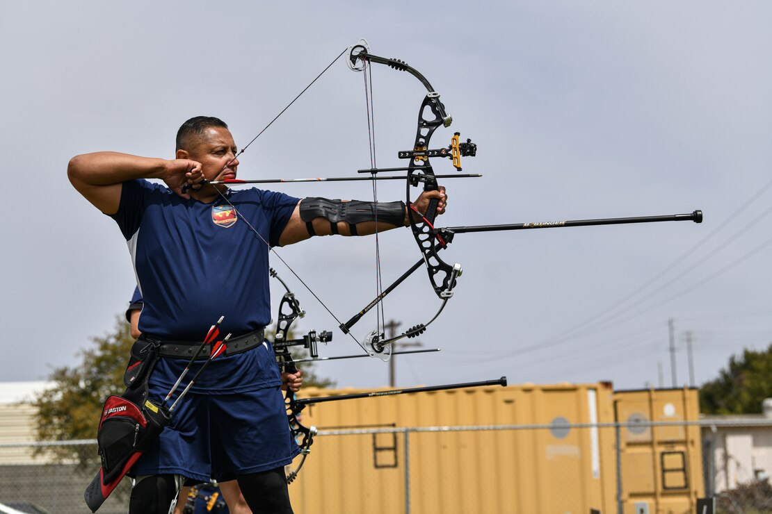 U.S. Marine Corps Staff Sgt. Raymond Cardoza competes in the archery finals during the 2021 Regional Marine Corps Trials at Marine Corps Base Camp Pendleton, Calif., April 16. Historically, the annual Marine Corps Trials promotes recovery and rehabilitation through adaptive sports. In an effort to mitigate the effects of COVID-19, smaller regionalized trials are being held across the United States.
