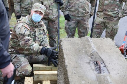 Sgt. Dakota Nelson, a combat engineer assigned to Bravo Company, 152nd Brigade Engineer Battalion of the New York Army National Guard, teaches lifting techniques to fellow engineers during a Homeland Response Force collective training exercise in East Amherst, New York, April 17, 2021. Nelson and his unit are assigned to the FEMA Region II HRF's search and extraction element.