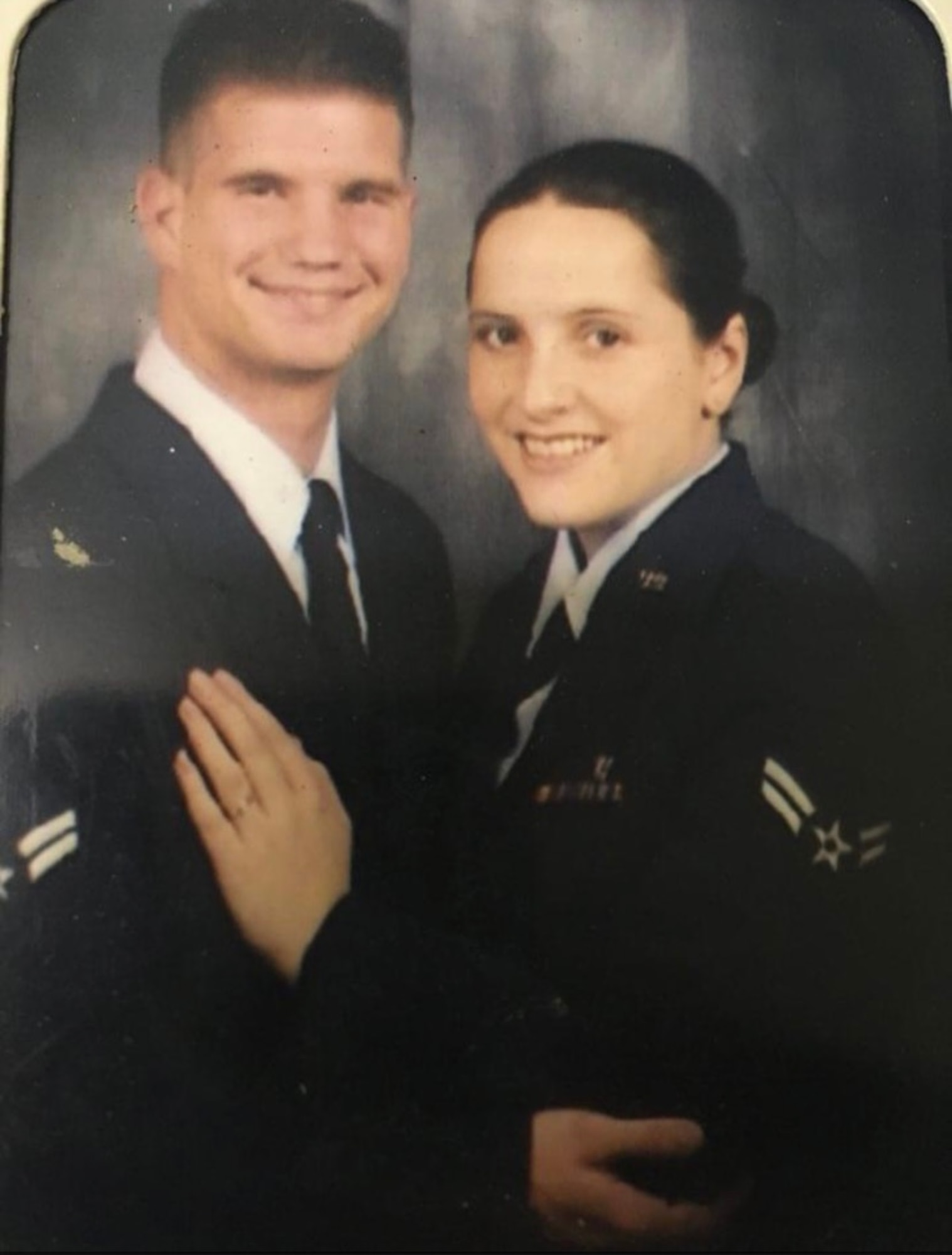 Then Airman Brian Leiter and Airman Trena Leiter pose in their service dress at Whiteman AFB in 1999, a few years after enlisting in the Air Force. At the time, Airman Brian Leiter was a crew chief with the 442d Fighter Wing and Airman Trena Leiter was an active duty medical technician with the 509th Bomb Wing.