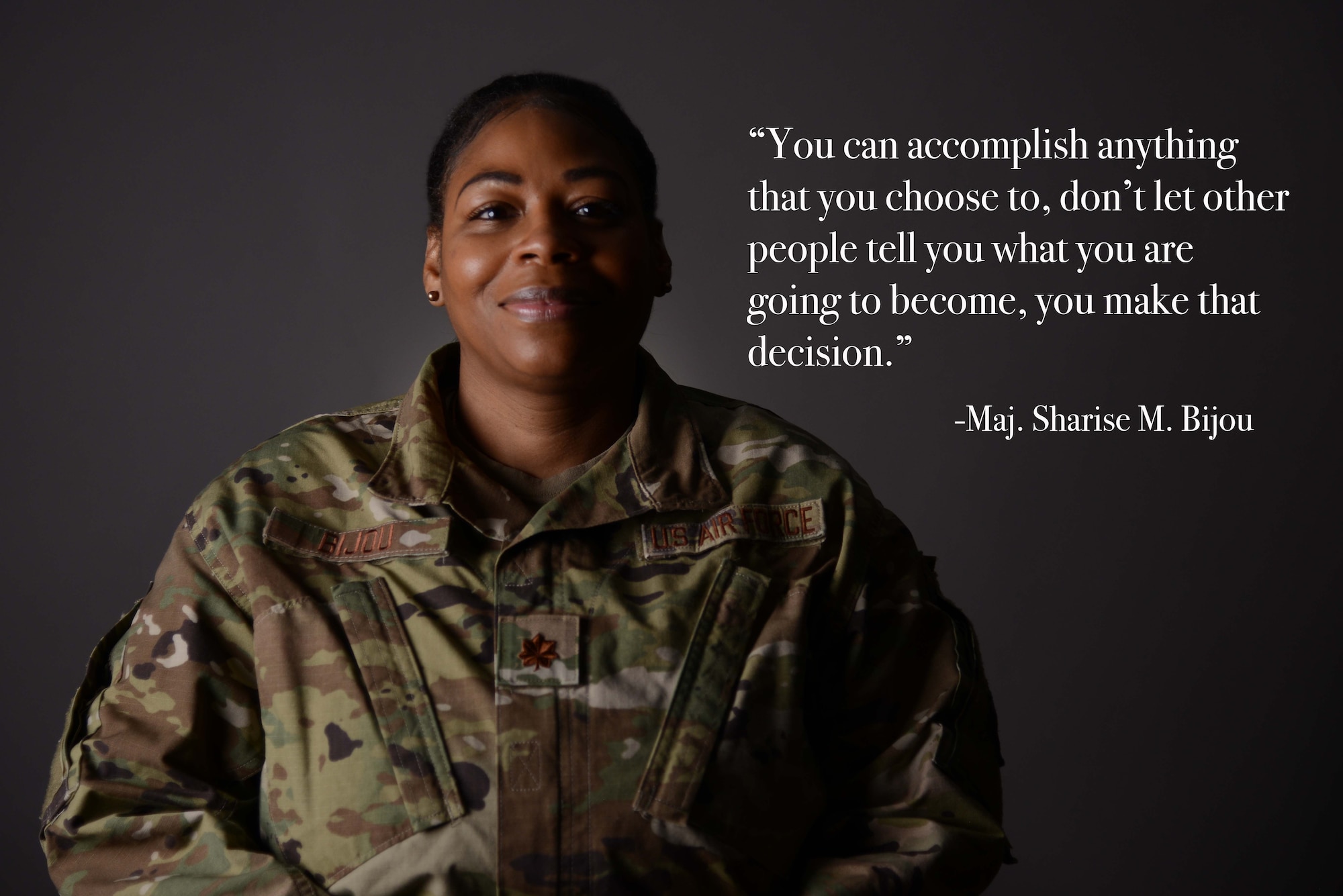 Maj. Sharise Bijiou, 22nd Healthcare Operations Squadron family advocacy officer and director of psychological health, poses for a photo April 19, 2021, at McConnell Air Force Base, Kansas. Bijou shared her story of physical, sexual and emotional abuse to help others as part of McConnell’s Beyond the Blue initiative. Beyond the Blue focuses on taking steps to normalize the conversations that surround seeking help. (U.S. Air Force photo illustration by Senior Airman Alexi Bosarge)