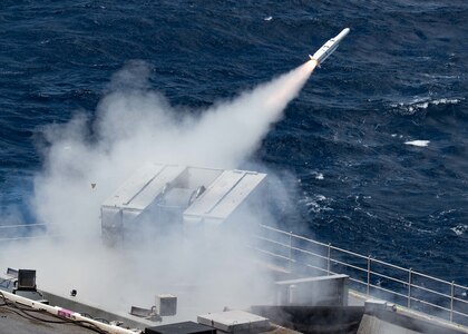 An evolved sea sparrow missile (ESSM) launches from one of the weapons sponsons of the aircraft carrier USS Gerald R. Ford (CVN 78) during combat systems ship qualification trials (CSSQT).