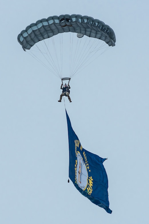 A member of the Kentucky Air National Guard’s 123rd Special Tactics Squadron executes a high-altitude, low-opening parachute jump into Bowman Field in Louisville, Ky., April 17, 2021 to open the Thunder Over Louisville air show. The annual event featured more than 20 military and civilian aircraft. (U.S. Air National Guard photo by Dale Greer)