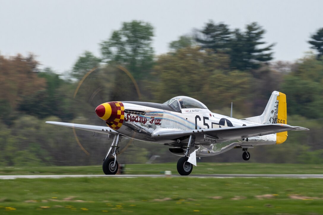 A P-51 Mustang taxies at Bowman Field in Louisville, Ky., April 17, 2021, prior to performing in the Thunder Over Louisville air show. The aircraft, nicknamed Swamp Fox, is now privately owned but once belonged to the active inventory of the Kentucky Air National Guard following World War II. (U.S. Air National Guard photo by Dale Greer)