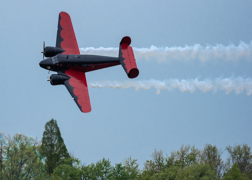 Matt Younkin performs an aerial demonstration in his Twin Beech aircraft over Bowman Field in Louisville, Ky., April 17, 2021, as part of the Thunder Over Louisville air show. The annual event featured more than 20 military and civilian air craft this year. (U.S. Air National Guard photo by Dale Greer)