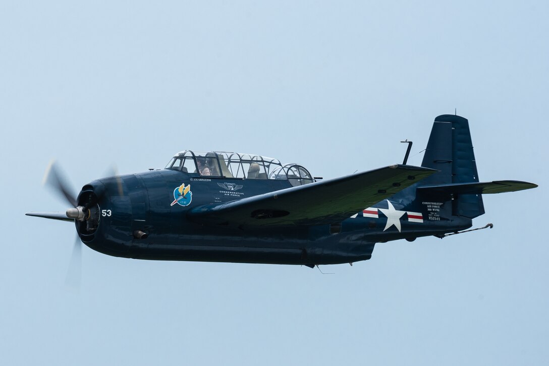 A TBM-3E Avenger from the Commorative Air Force performs an aerial demonstration over Bowman Field in Louisville, Ky., April 17, 2021, as part of the Thunder Over Louisville air show. The annual event featured more than 20 military and civilian air craft this year. (U.S. Air National Guard photo by Dale Greer)