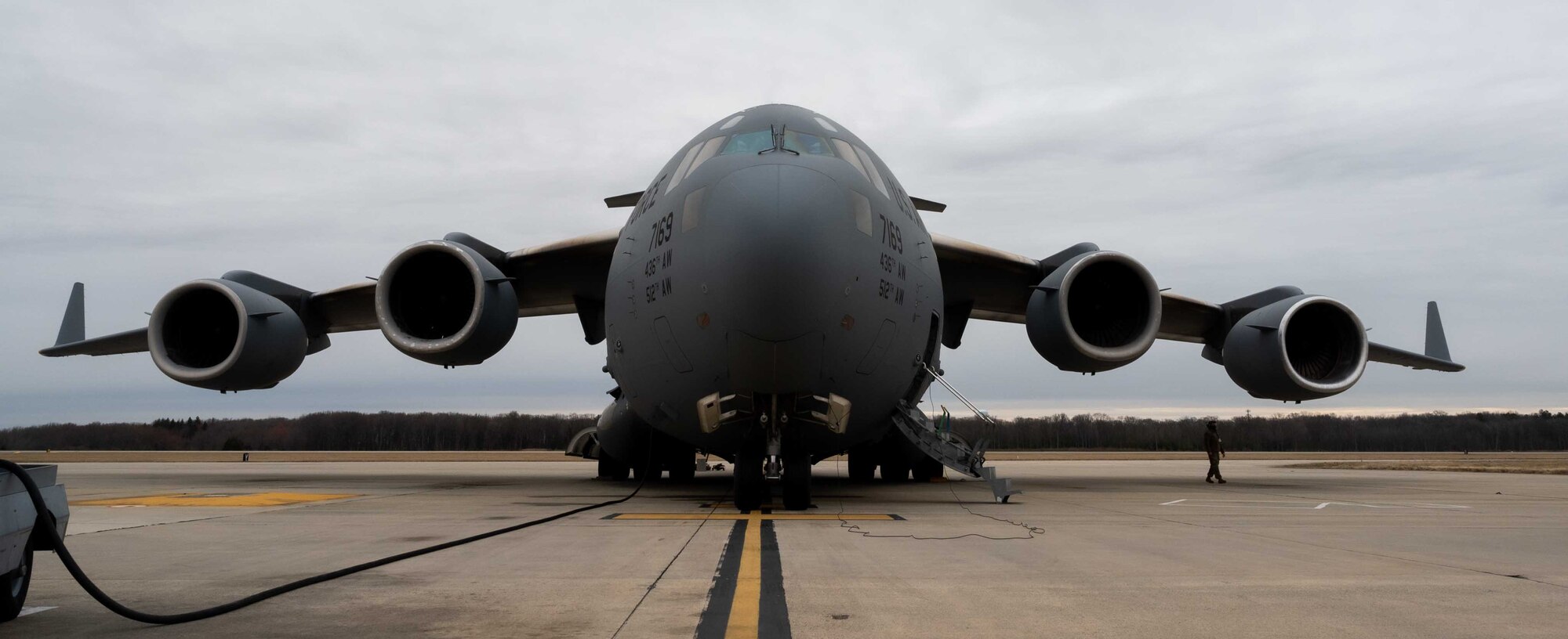 A C-17 Globemaster III is prepared for a training flight at Dover Air Force Base, Delaware, March 16, 2021. The 3rd Airlift Squadron operates the C-17 to provide global reach with unique, outsized and oversized airlift capability. (U.S. Air Force photo by Airman 1st Class Faith Schaefer)