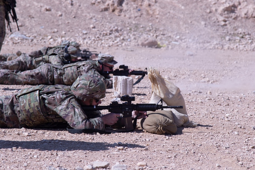 Soldiers in the 192nd Military Police Detachment from the Nebraska Army National Guard perform weapons familiarization at a range at the Joint Training Center in Jordan. The first step in their familiarization with the M4 is zeroing with their optics.