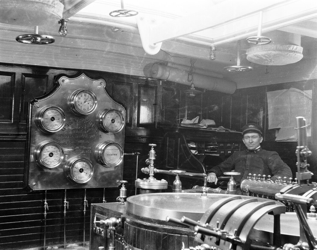 A photo of the engine-room of the Revenue Cutter Mackinac, no date.