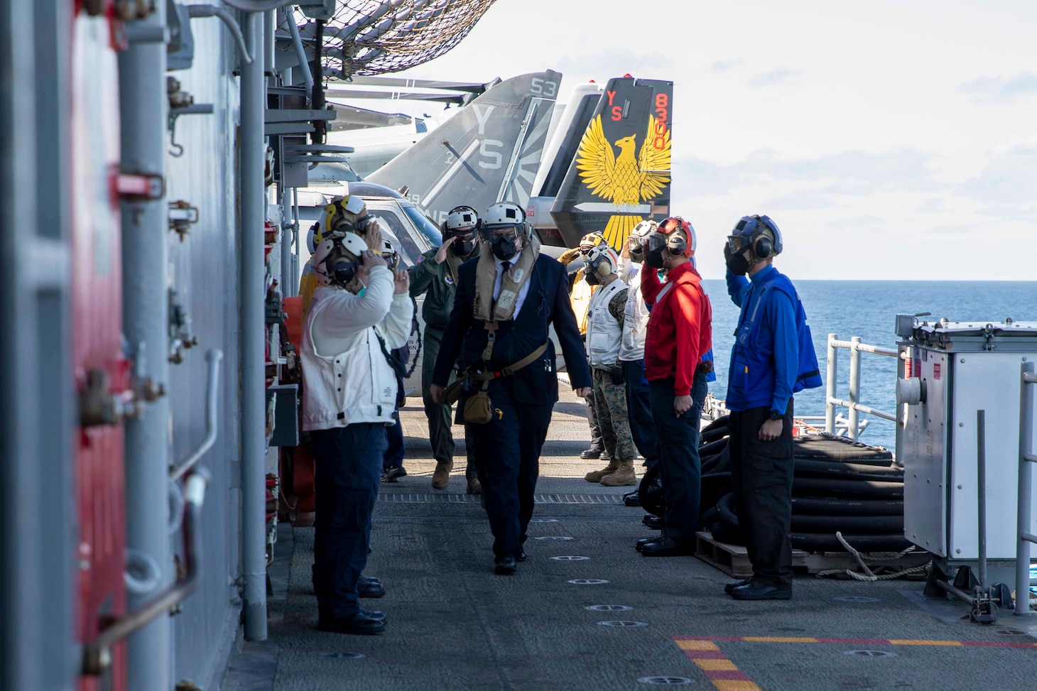 ) The Honorable James Heappey, United Kingdom Minister of Armed Forces, is piped aboard the Wasp-class amphibious assault ship USS Iwo Jima (LHD 7), April 12, 2021. Iwo Jima is operating in the Celtic Sea with Amphibious Squadron 4 and the 24th Marine Expeditionary Unit (24th MEU) as part of the Iwo Jima Amphibious Ready Group.