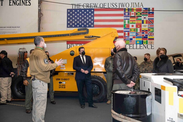 The Honorable James Heappey, center, United Kingdom Minister of Armed Forces, tours the Wasp-class amphibious assault ship USS Iwo Jima (LHD 7), April 12, 2021. Iwo Jima is operating in the Celtic Sea with Amphibious Squadron 4 and the 24th Marine Expeditionary Unit (24th MEU) as part of the Iwo Jima Amphibious Ready Group.