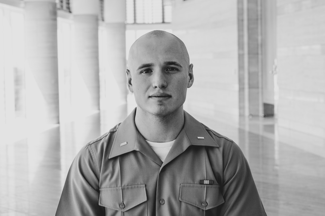 U.S. Marine Corps 2nd Lt. Sawyer M. Montgomery, a temporary officer selection assistant with Recruiting Station Orange County, poses for a photo on April 12, 2021, in Santa Ana, California. Montgomery is one of the select few Marine Corps officers who is aspiring to become a Marine Corps pilot. (U.S. Marine Corps photo by Sgt. Sarah Ralph)