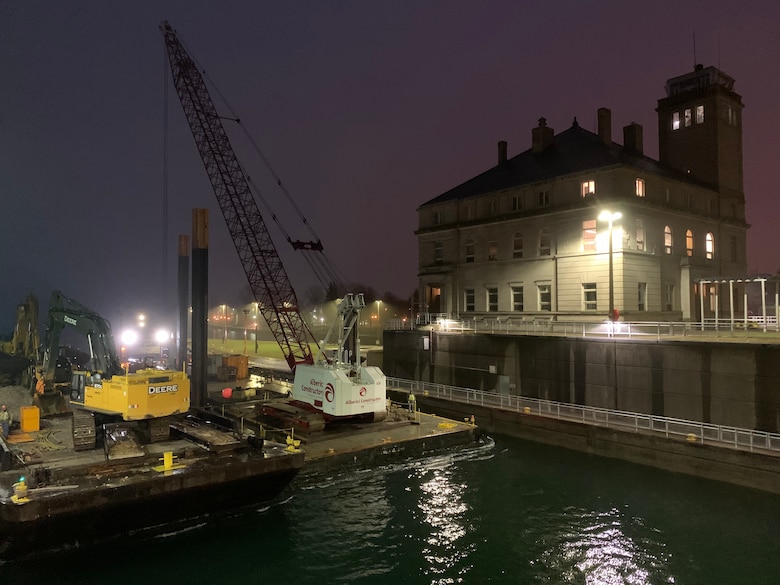 Joint venture contractors Kokosing-Alberici mobilize some of their equipment to the New Lock at the Soo site on April 13, 2021 in Sault Ste. Marie, Mich.