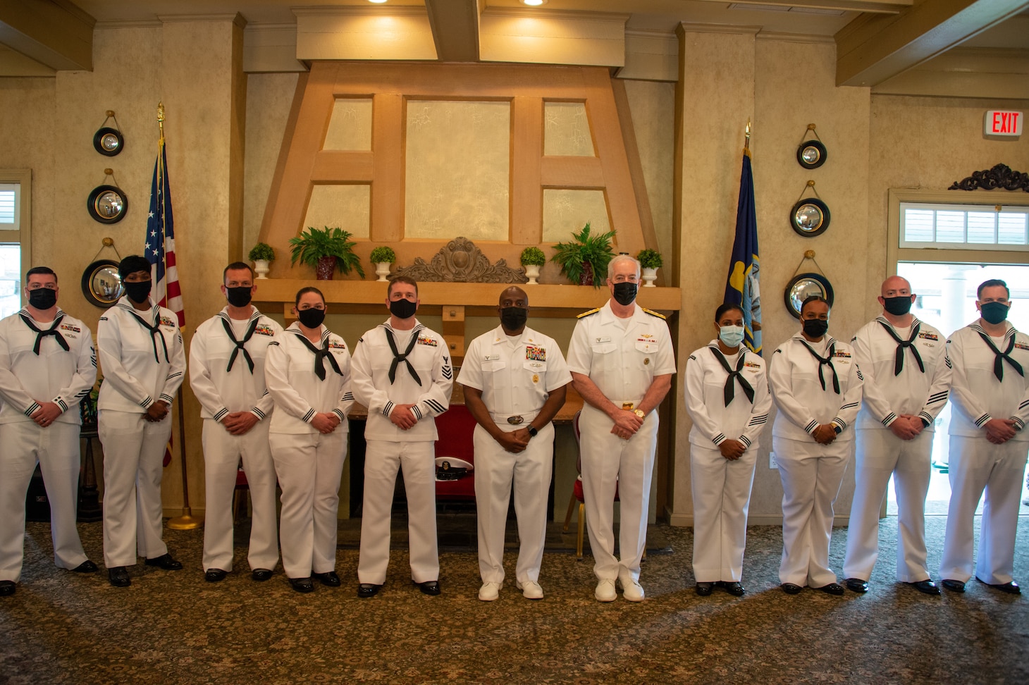 Sailors pose for a group photo after the Commander, Naval Air Force Atlantic Sailor of the Year announcement ceremony at Sewell’s Point Golf Course.