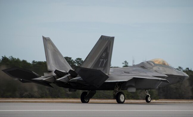 A 43rd Fighter Squadron Raptor roars down the runway Nov. 30 at Eglin Air Force Base, Fla.