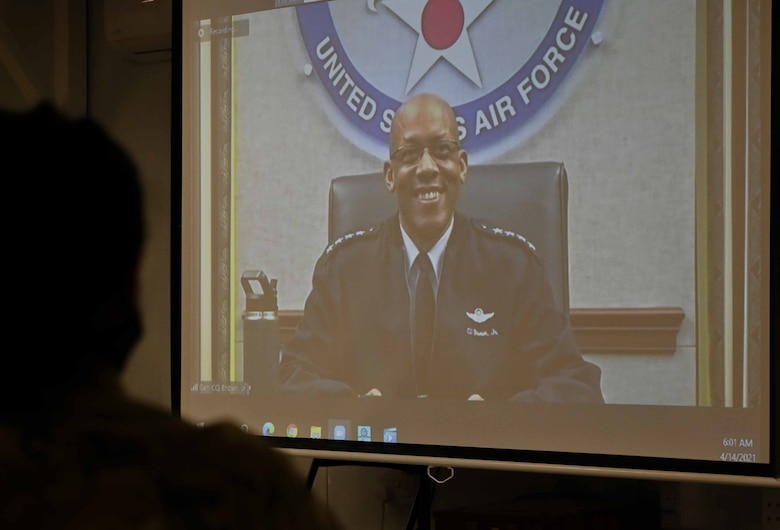 Air Force Chief of Staff Gen. Charles Q. Brown, Jr., joins deployed Airmen at the 332nd Air Expeditionary Wing during a virtual question and answer session, April 14, 2021. The event was organized by the wing diversity and inclusion council and provided Airmen the opportunity to ask questions of top-level Air Force leadership.
