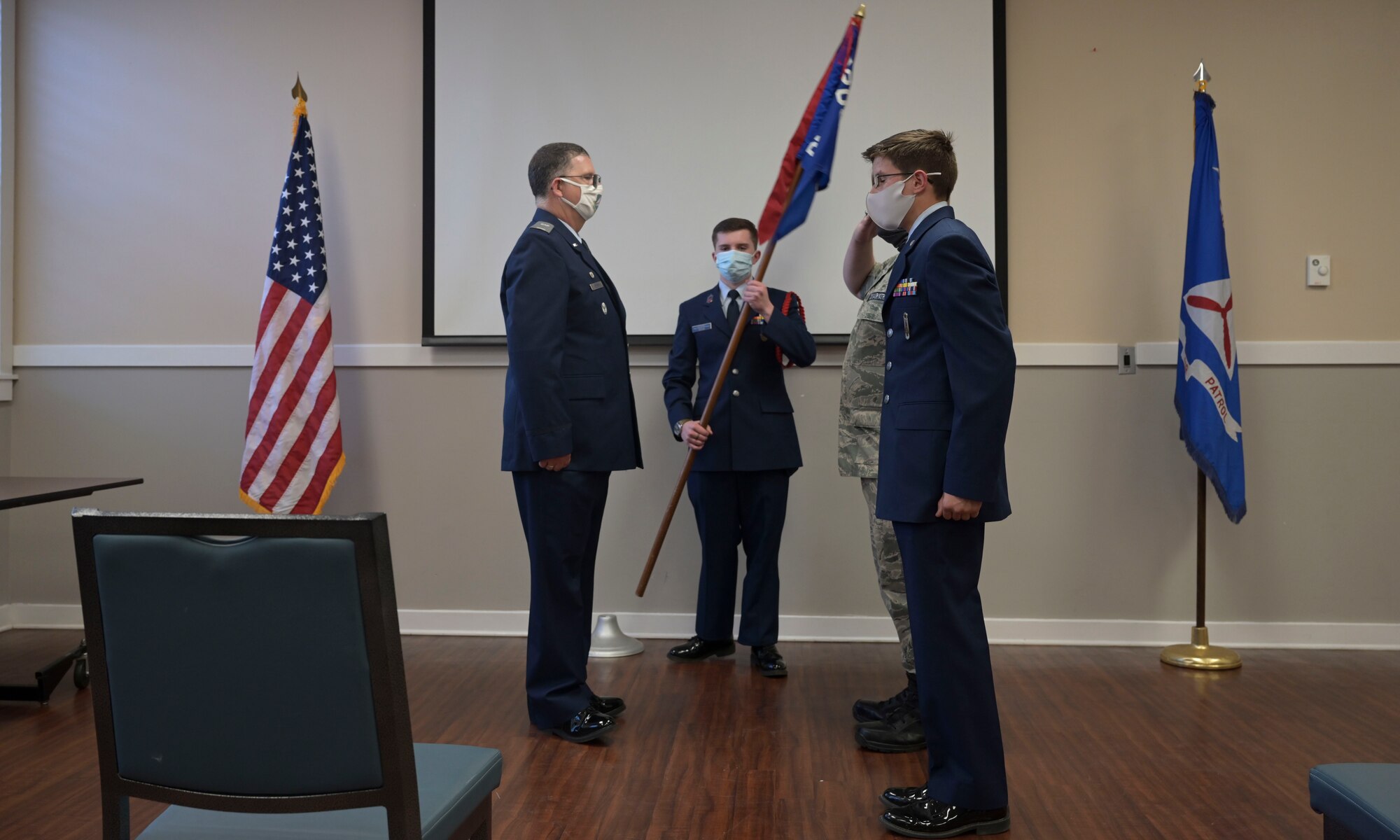 Members of the Golden Triangle Composite Squadron Civil Air Patrol, participate in a change of command ceremony, Apr. 15, 2021, on Columbus Air Force Base, Miss. As a Total Force partner and Auxiliary of the U.S. Air Force, Civil Air Patrol performs search and rescue operations, provide comfort in times of disaster and work to keep the homeland safe. (U.S. Air Force photo by Airman 1st Class Jessica Haynie)