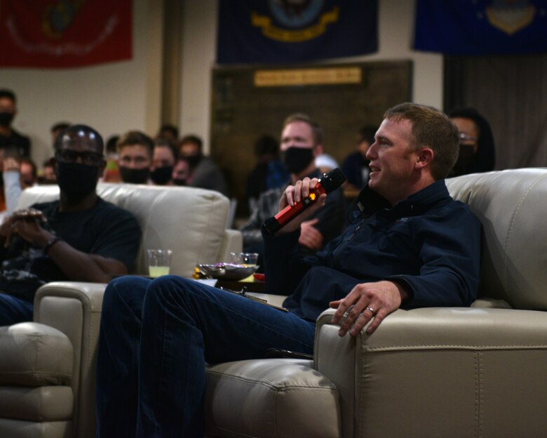 U.S. Air Force Master Sgt. Nicholas Schulte, 17th Training Group superintendent of military training, judges the performances during the Crossroads talent show on Goodfellow Air Force Base, Texas, April 16, 2021. Schulte, along with three other judges, were able to judge the show with an in-person audience, unlike last year. (U.S. Air Force photo by Senior Airman Ashley Thrash)