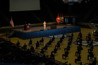 ANNAPOLIS, Md. (Apr. 19, 2021) Chief of Naval Operations (CNO) Adm. Mike Gilday speaks to 1st Class midshipmen during his visit to the U.S. Naval Academy. (U.S. Navy photo by Midshipman 1st Class Tommy Brophy/Released)