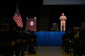 ANNAPOLIS, Md. (Apr. 19, 2021) Chief of Naval Operations (CNO) Adm. Mike Gilday speaks to 1st Class midshipmen during his visit to the U.S. Naval Academy. (U.S. Navy photo by Midshipman 1st Class Tommy Brophy/Released)