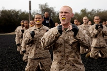 Rct. Wade G. Huddleston with Mike Company, 3rd Recruit Training Battalion, conducts a break fall during a Marine Corps Martial Arts training session at Marine Corps Recruit Depot, San Diego, April 12, 2021.