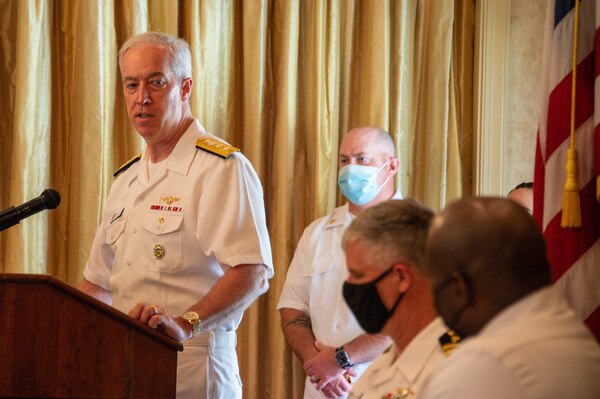Commander, Naval Air Force Atlantic, Rear Adm. Lower Half John “Oscar” Meier, addresses Sailor of the Year candidates
