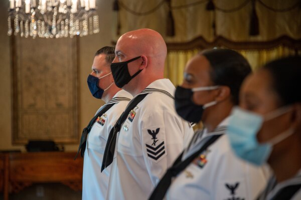 ommander, Naval Air Force Atlantic Sailor of the Year candidates stand at attention during the national anthem