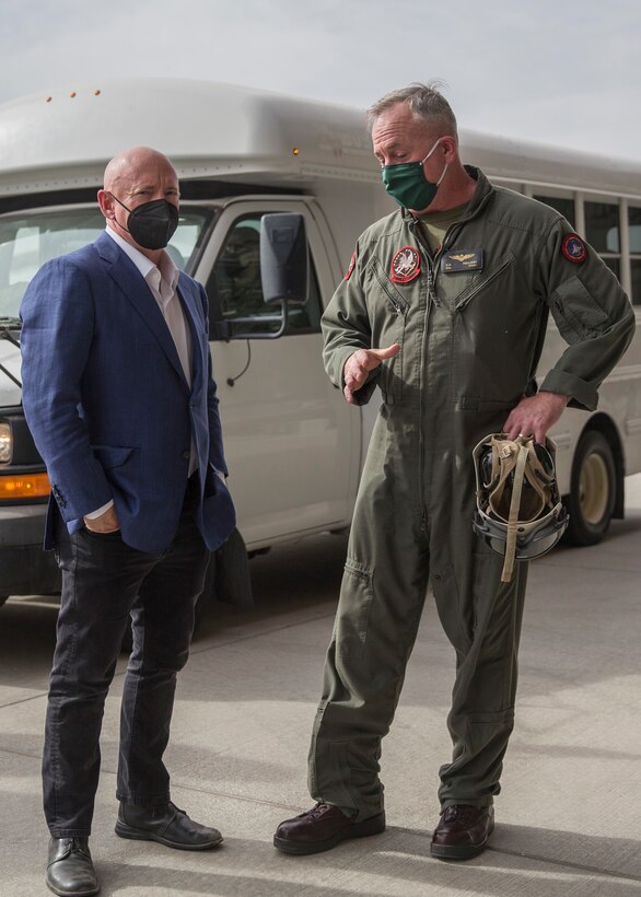 Arizona U.S. Senator Mark Kelly (left) visits Marine Corps Air Station (MCAS) Yuma, Ariz., April 5, 2021. Senator Kelly toured MCAS Yuma to familiarize himself with the current state of the air station. (U.S. Marine Corps photo by Sgt. Jason Monty)