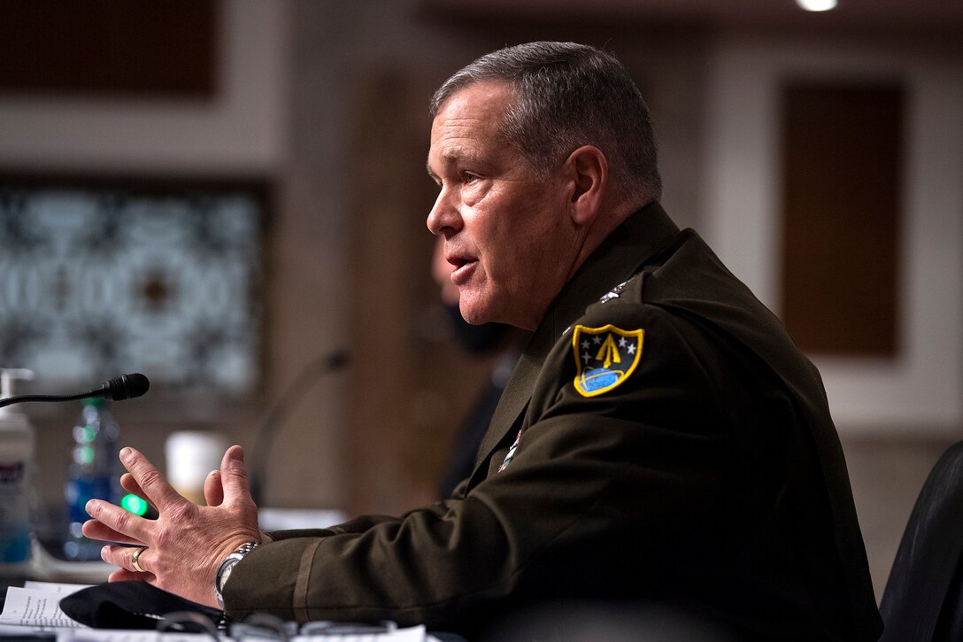 Gen. James H. Dickinson, commander U.S. Space Command, testifies before the Senate Armed Services Committee in Washington, D.C. April 20, 2021.