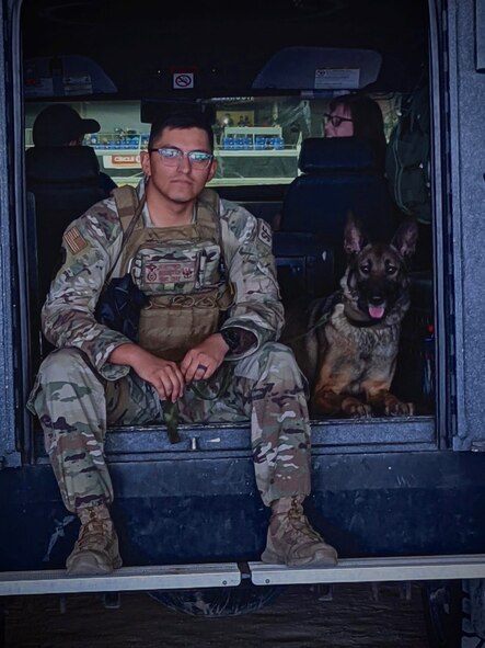 A picture of an Airmen and a military working dog.