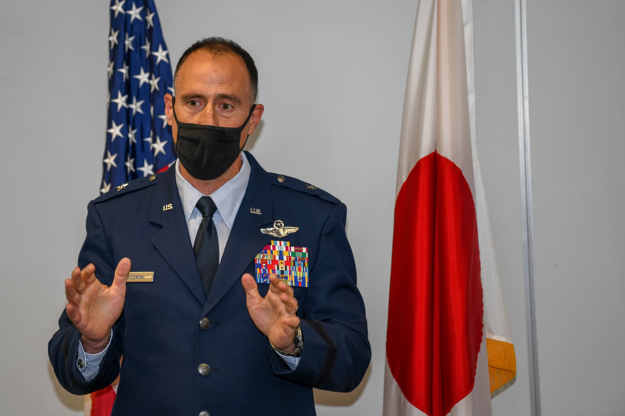 Brig. Gen. Leonard Kosinski speaks during an award ceremony recognizing Capt. Ryosuke Taki