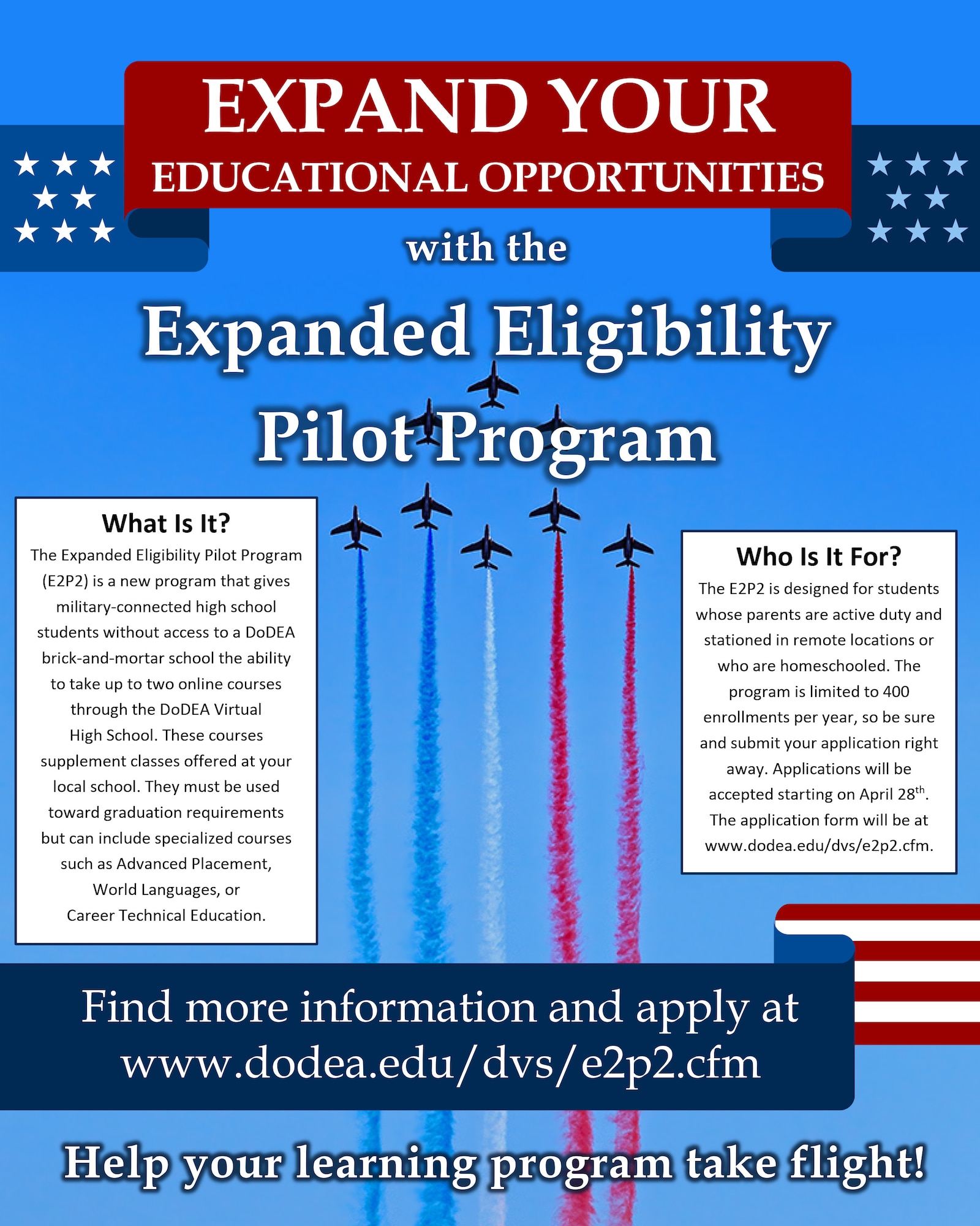 The Department of Defense Education Activity (DoDEA) is launching a new program aimed at expanding eligibility for dependents of active-duty members of the armed forces to register for the DoDEA Virtual High School (DVHS). The Expanded Eligibility Pilot Program, which will begin in school year 2021-22, was authorized as part of the 2021 National Defense Authorization Act, providing expansion of eligibility for DVHS to stateside active-duty military dependents in grades 9-12 who are currently ineligible for the DVHS.